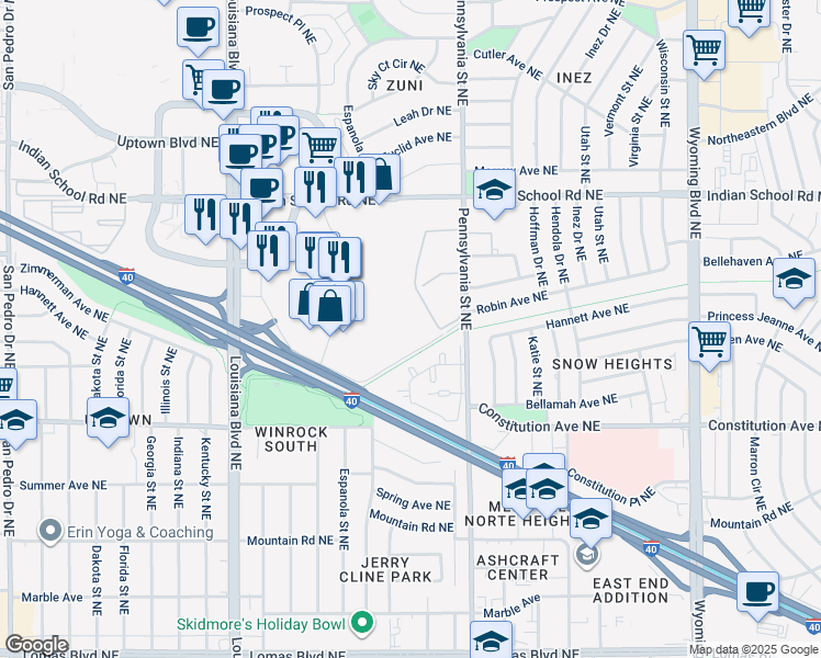 map of restaurants, bars, coffee shops, grocery stores, and more near 1401 Pennsylvania Street Northeast in Albuquerque