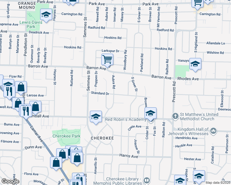 map of restaurants, bars, coffee shops, grocery stores, and more near 1267 Aubra Road in Memphis