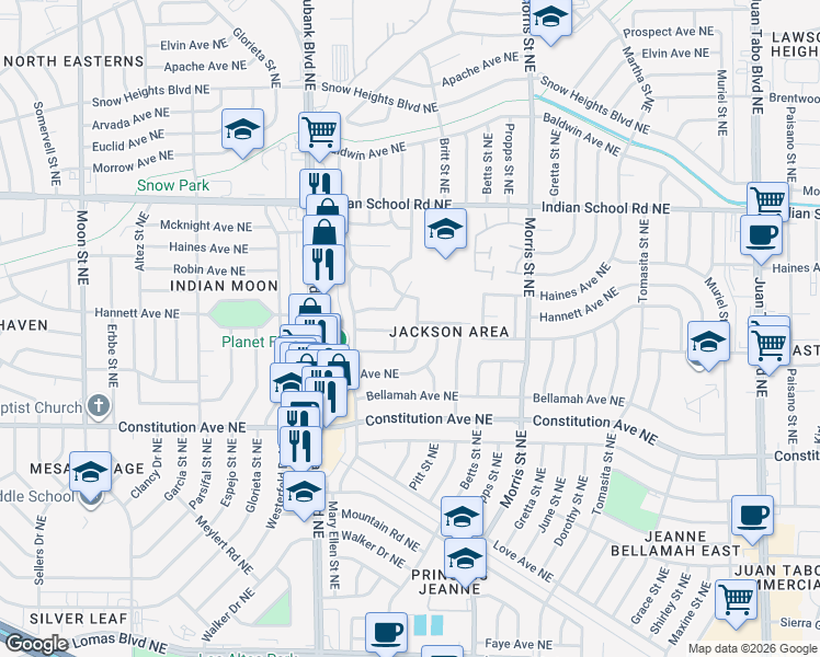 map of restaurants, bars, coffee shops, grocery stores, and more near 10516 Princess Jeanne Avenue Northeast in Albuquerque