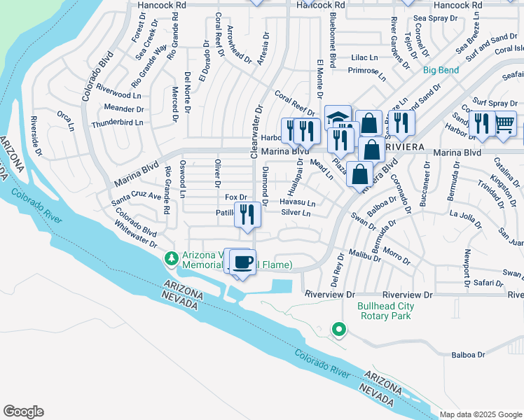 map of restaurants, bars, coffee shops, grocery stores, and more near 2126 Clearwater Drive in Bullhead City