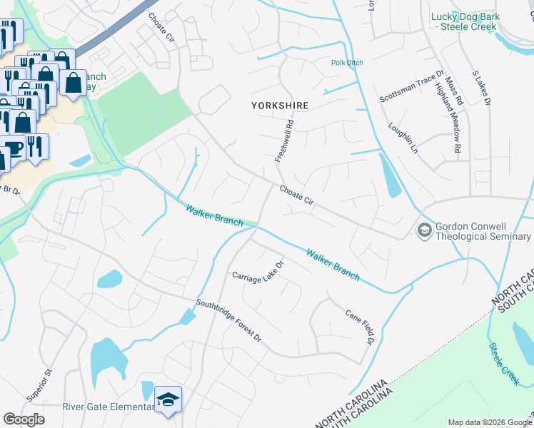 map of restaurants, bars, coffee shops, grocery stores, and more near 14529 Smith Road in Charlotte