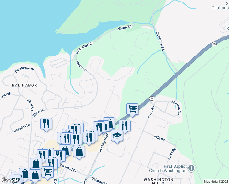 map of restaurants, bars, coffee shops, grocery stores, and more near 5042 Eller Road in Chattanooga