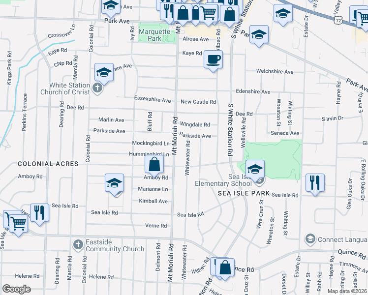 map of restaurants, bars, coffee shops, grocery stores, and more near 1271 Whitewater Road in Memphis