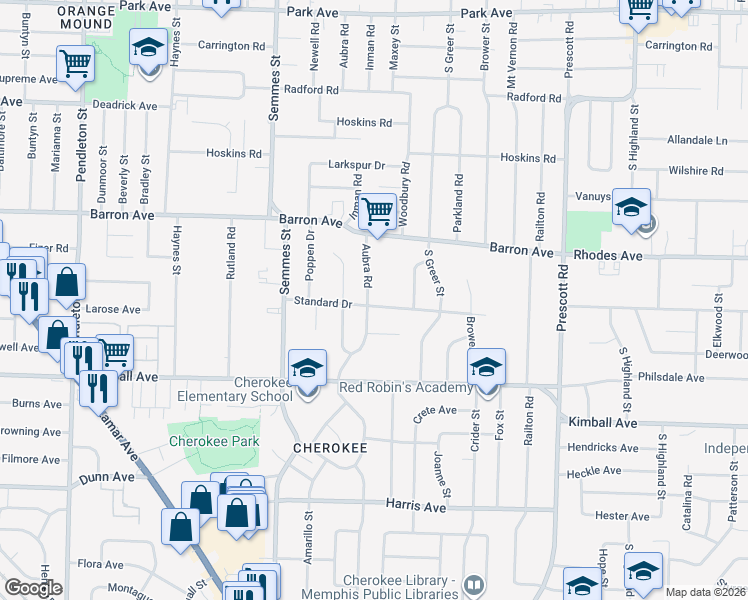 map of restaurants, bars, coffee shops, grocery stores, and more near 1267 Aubra Road in Memphis