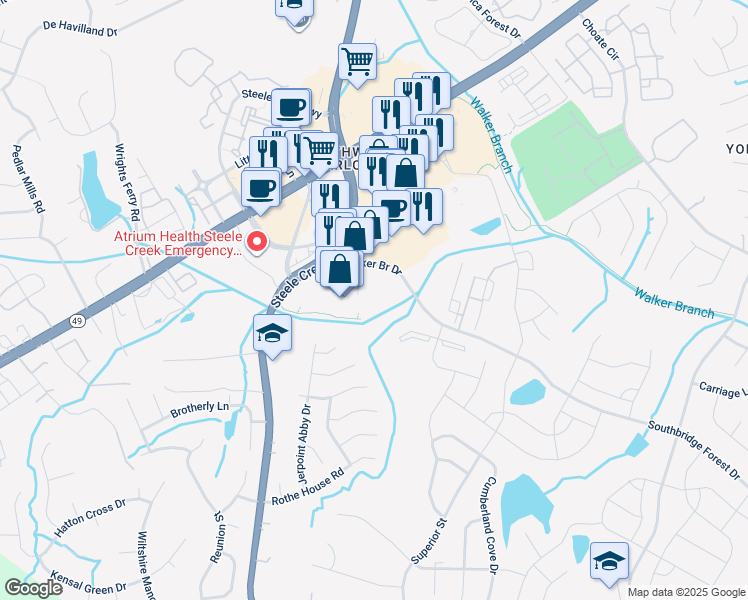 map of restaurants, bars, coffee shops, grocery stores, and more near 13610 Hoover Creek Boulevard in Charlotte