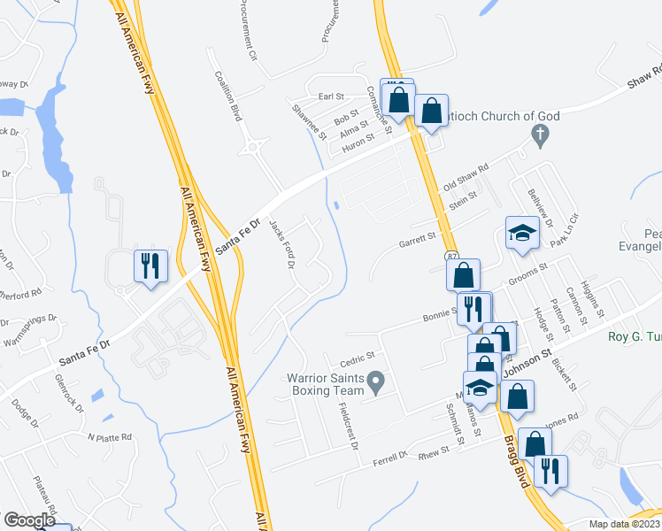 map of restaurants, bars, coffee shops, grocery stores, and more near 5090 Summer Ridge Road in Fayetteville