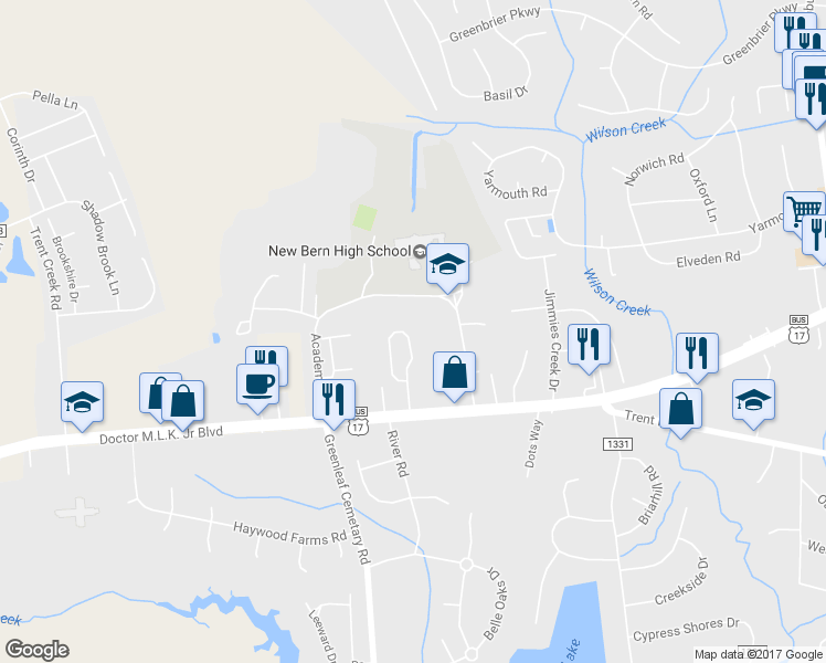 map of restaurants, bars, coffee shops, grocery stores, and more near 4034 Arbor Green Way in New Bern