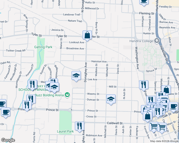 map of restaurants, bars, coffee shops, grocery stores, and more near 2016 Lee Avenue in Conway