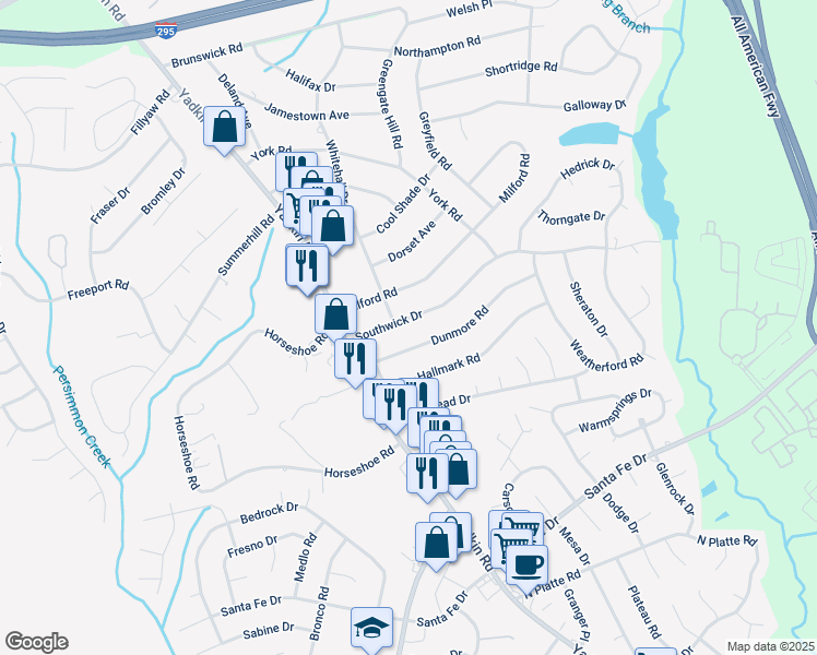 map of restaurants, bars, coffee shops, grocery stores, and more near 414 Southwick Drive in Fayetteville