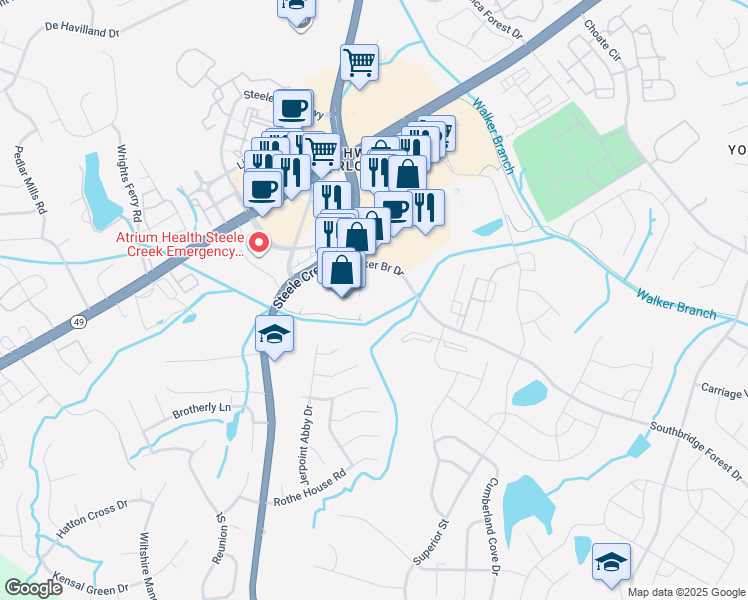 map of restaurants, bars, coffee shops, grocery stores, and more near 13610 Hoover Creek Boulevard in Charlotte