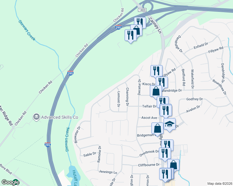 map of restaurants, bars, coffee shops, grocery stores, and more near 289 Lemont Drive in Fayetteville