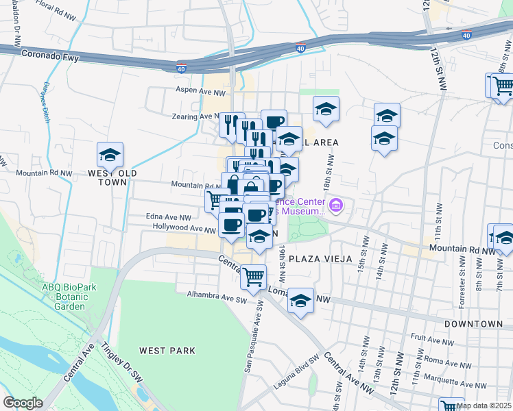 map of restaurants, bars, coffee shops, grocery stores, and more near 404 San Felipe Street Northwest in Albuquerque