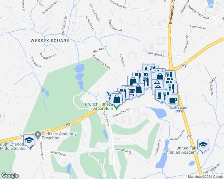 map of restaurants, bars, coffee shops, grocery stores, and more near 7802 Ridgeloch Place in Charlotte