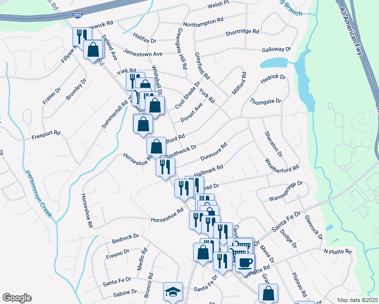 map of restaurants, bars, coffee shops, grocery stores, and more near 414 Southwick Drive in Fayetteville