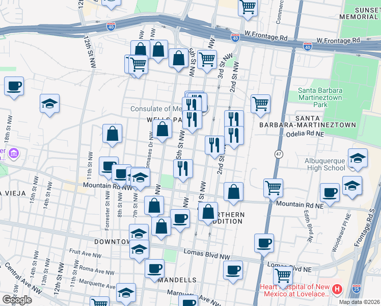 map of restaurants, bars, coffee shops, grocery stores, and more near 1319 4th Street Northwest in Albuquerque