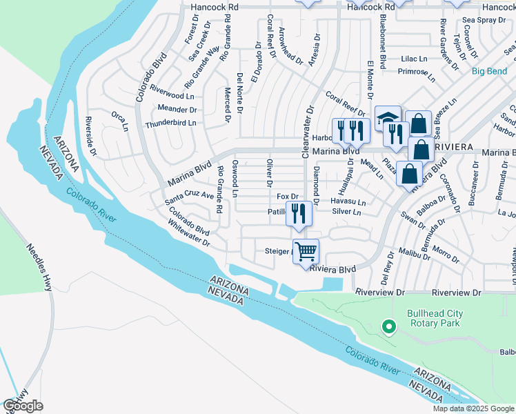 map of restaurants, bars, coffee shops, grocery stores, and more near 409 Patillo Drive in Bullhead City