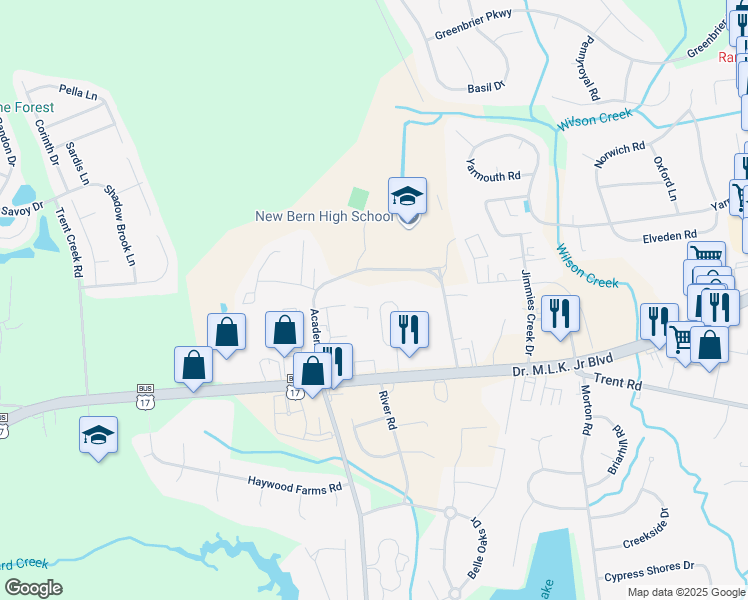 map of restaurants, bars, coffee shops, grocery stores, and more near 4200 Arbor Green Way in New Bern