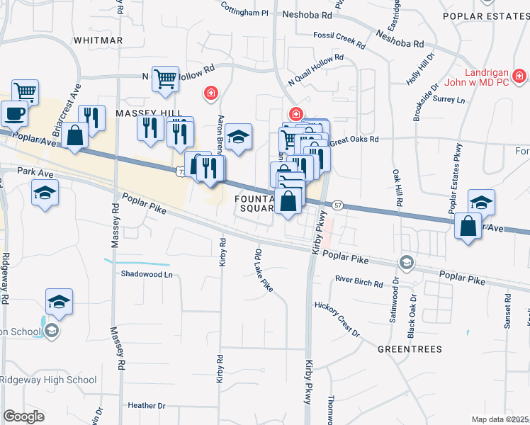 map of restaurants, bars, coffee shops, grocery stores, and more near 6617 Poplar Avenue in Germantown