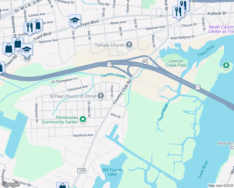map of restaurants, bars, coffee shops, grocery stores, and more near 1707 Trent St in New Bern