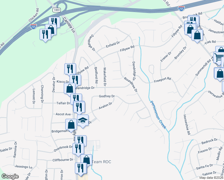 map of restaurants, bars, coffee shops, grocery stores, and more near 7133-7135 Ashwood Circle in Fayetteville