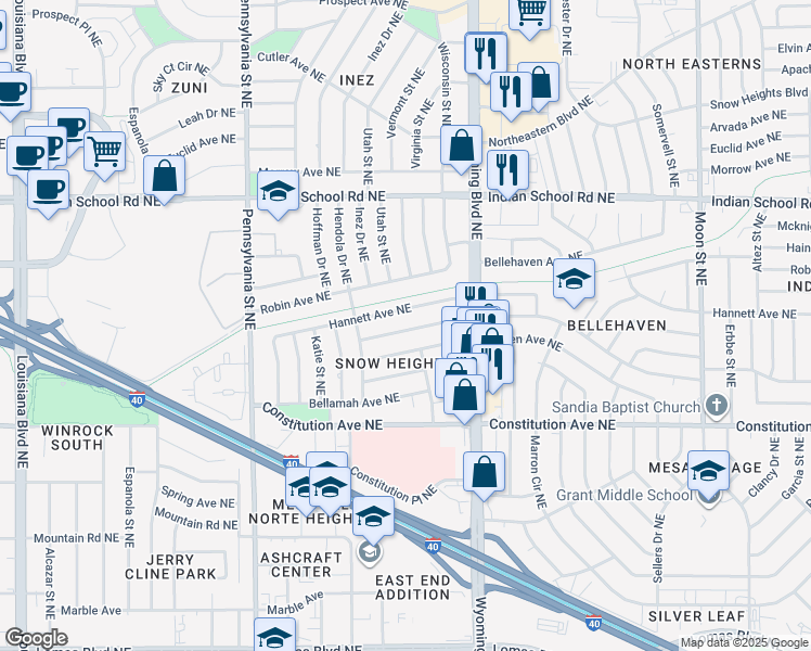 map of restaurants, bars, coffee shops, grocery stores, and more near 8027 Hannett Avenue Northeast in Albuquerque