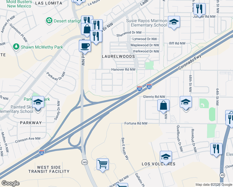 map of restaurants, bars, coffee shops, grocery stores, and more near 7712 Baybrook Road Northwest in Albuquerque