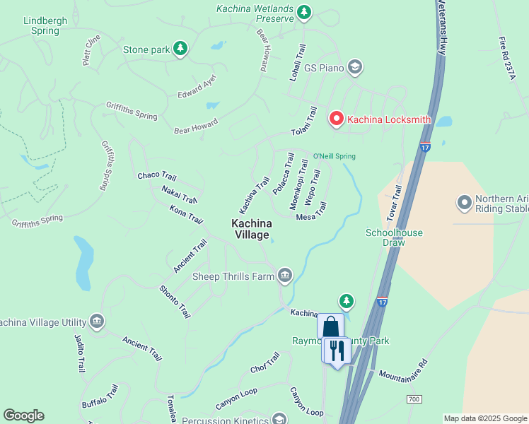 map of restaurants, bars, coffee shops, grocery stores, and more near 2697 Mesa Trail in Flagstaff