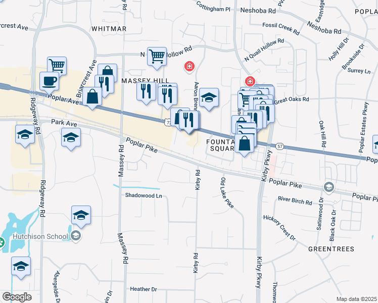 map of restaurants, bars, coffee shops, grocery stores, and more near 1859 Poplar Pines Drive in Memphis