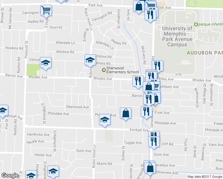 map of restaurants, bars, coffee shops, grocery stores, and more near 1217 Will Scarlet Road in Memphis