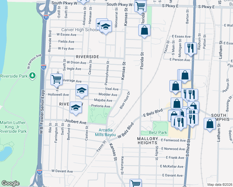 map of restaurants, bars, coffee shops, grocery stores, and more near 104 Vaal Avenue in Memphis