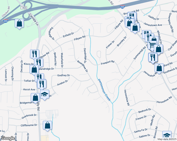 map of restaurants, bars, coffee shops, grocery stores, and more near 604 Roundtree Drive in Fayetteville