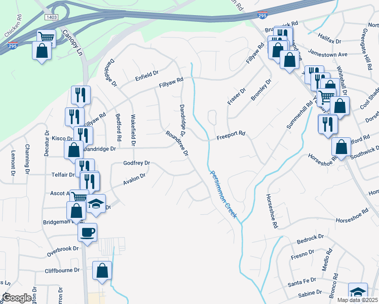 map of restaurants, bars, coffee shops, grocery stores, and more near 604 Roundtree Drive in Fayetteville