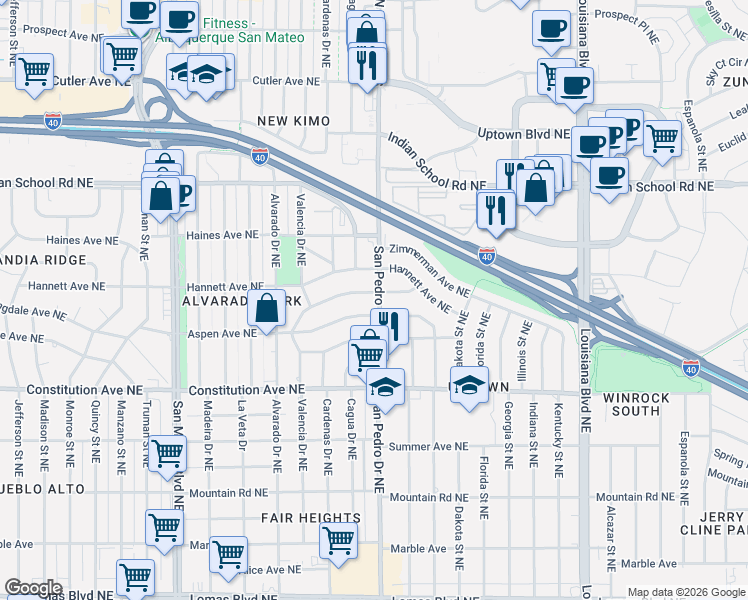 map of restaurants, bars, coffee shops, grocery stores, and more near 5910 Hannett Avenue Northeast in Albuquerque