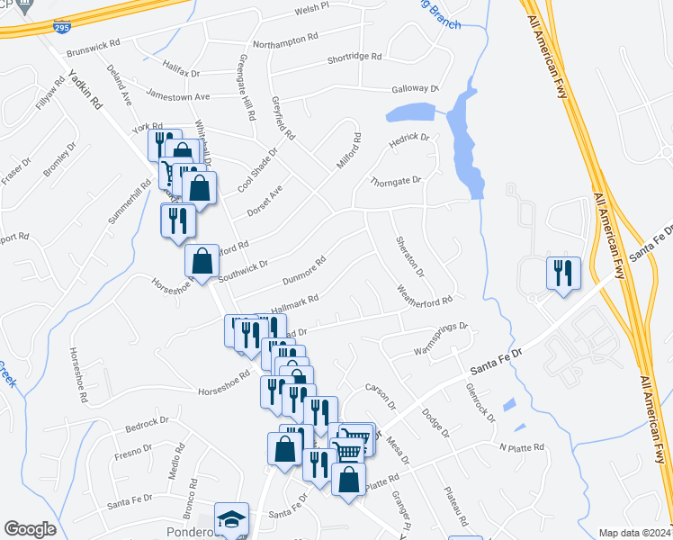 map of restaurants, bars, coffee shops, grocery stores, and more near 441 Hallmark Road in Fayetteville