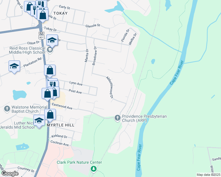 map of restaurants, bars, coffee shops, grocery stores, and more near 428 Abbottswood Drive in Fayetteville