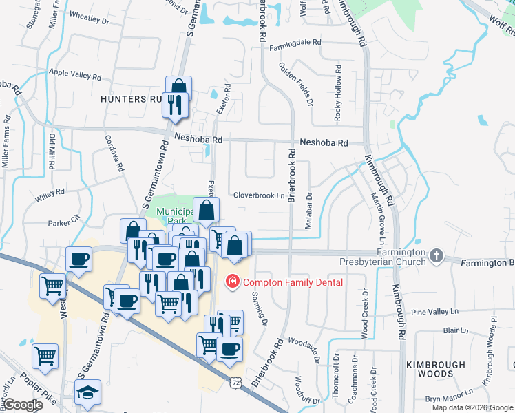 map of restaurants, bars, coffee shops, grocery stores, and more near 7902 Thornbrook Cove in Germantown