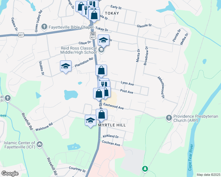 map of restaurants, bars, coffee shops, grocery stores, and more near in Fayetteville
