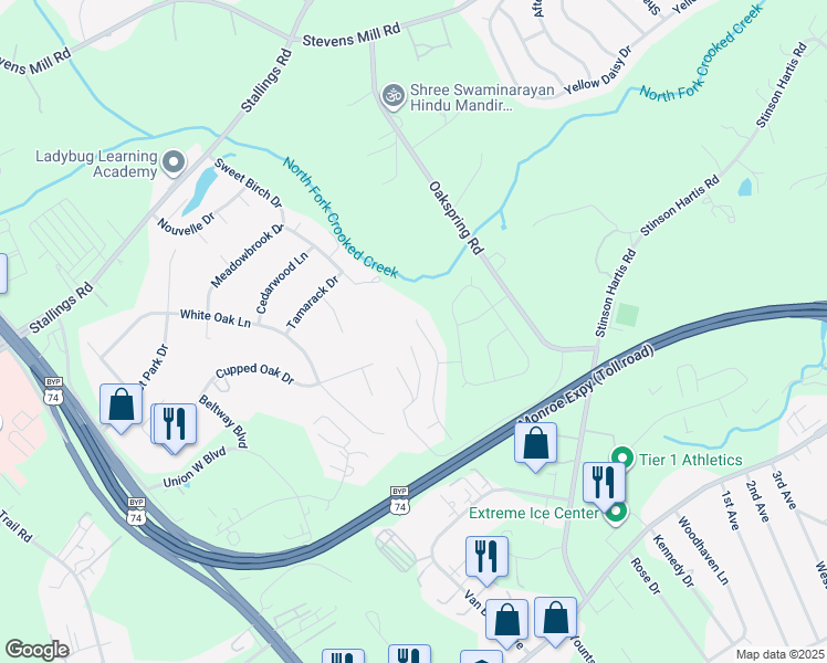 map of restaurants, bars, coffee shops, grocery stores, and more near 614 Dogwood Creek Lane in Indian Trail