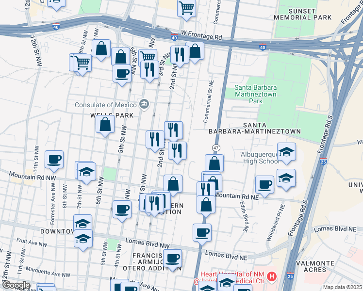 map of restaurants, bars, coffee shops, grocery stores, and more near 1551 1st Street Northwest in Albuquerque
