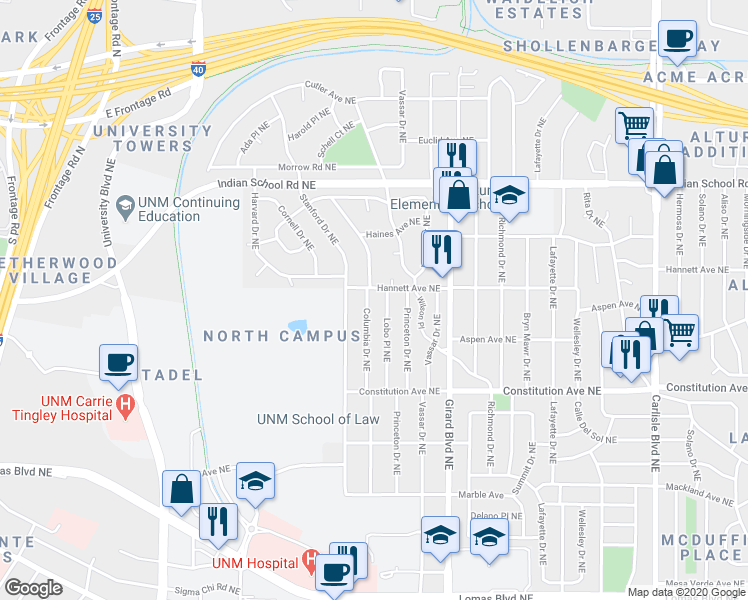 map of restaurants, bars, coffee shops, grocery stores, and more near 1401 Columbia Drive Northeast in Albuquerque
