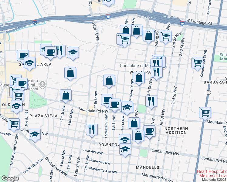 map of restaurants, bars, coffee shops, grocery stores, and more near 1223 Forrester Avenue Northwest in Albuquerque