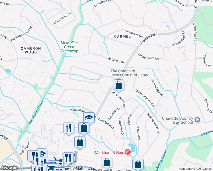 map of restaurants, bars, coffee shops, grocery stores, and more near 3425 Carmel Forest Drive in Charlotte