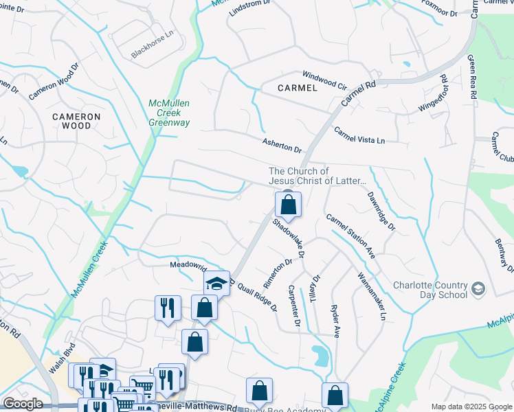 map of restaurants, bars, coffee shops, grocery stores, and more near 3609 Carmel Forest Drive in Charlotte
