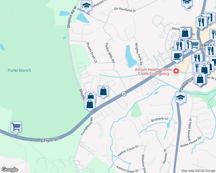 map of restaurants, bars, coffee shops, grocery stores, and more near in Charlotte