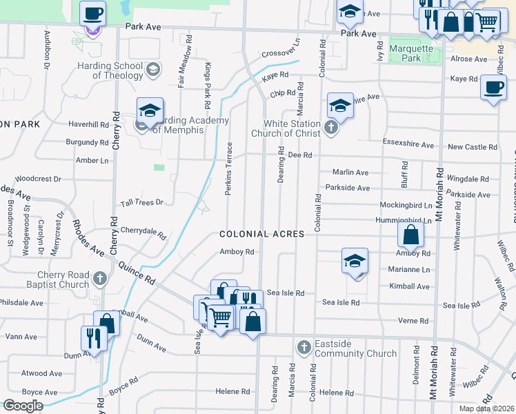 map of restaurants, bars, coffee shops, grocery stores, and more near 1215 South Perkins Road in Memphis