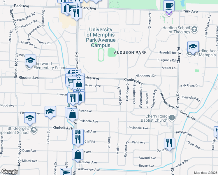 map of restaurants, bars, coffee shops, grocery stores, and more near 4078 Southlawn Avenue in Memphis