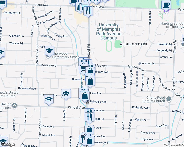 map of restaurants, bars, coffee shops, grocery stores, and more near 3988 Southlawn Avenue in Memphis