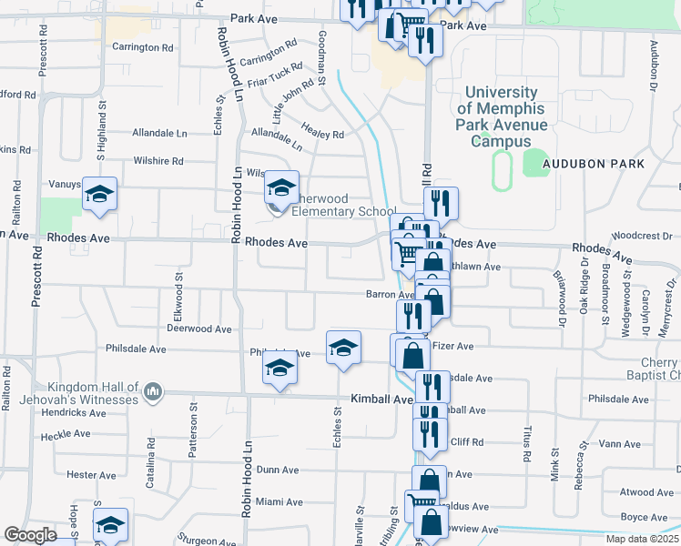 map of restaurants, bars, coffee shops, grocery stores, and more near 1214 West Goodman Circle in Memphis