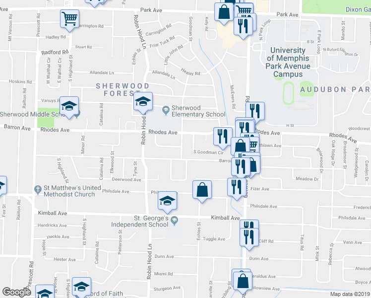map of restaurants, bars, coffee shops, grocery stores, and more near 1238 Will Scarlet Road in Memphis