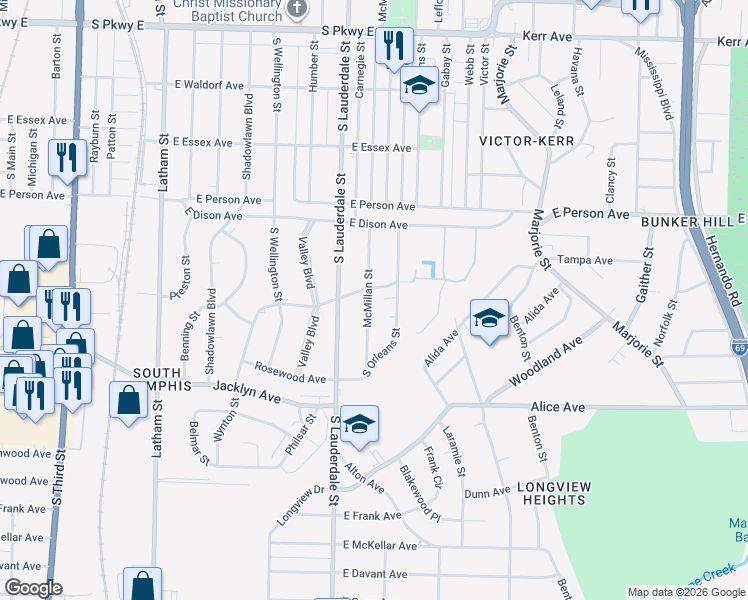map of restaurants, bars, coffee shops, grocery stores, and more near 617 Shawnee Avenue in Memphis